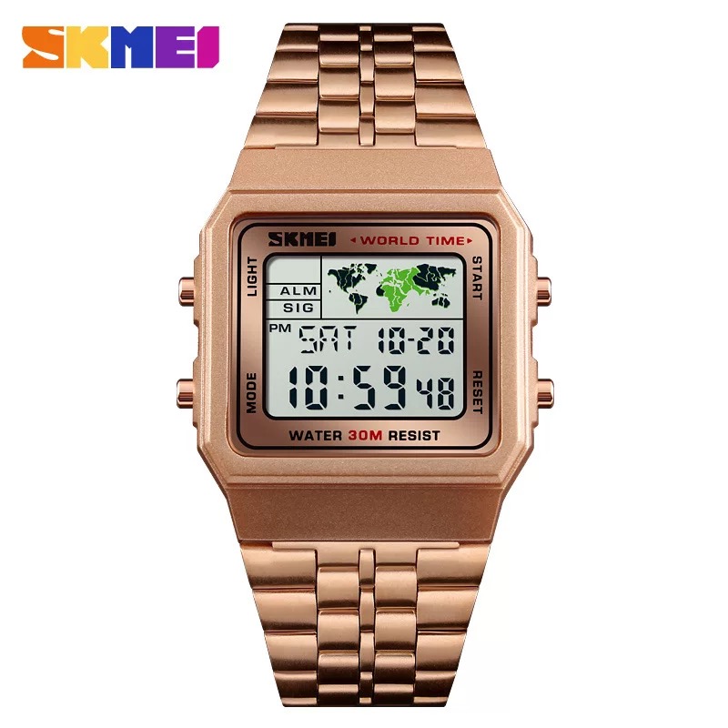 SKMEI新款商务时尚方形电子表 秒表倒计时世界时间多功能钢带手表详情图1