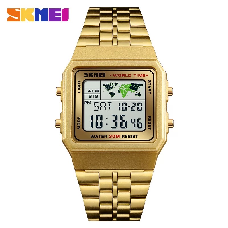 SKMEI新款商务时尚方形电子表 秒表倒计时世界时间多功能钢带手表详情图3
