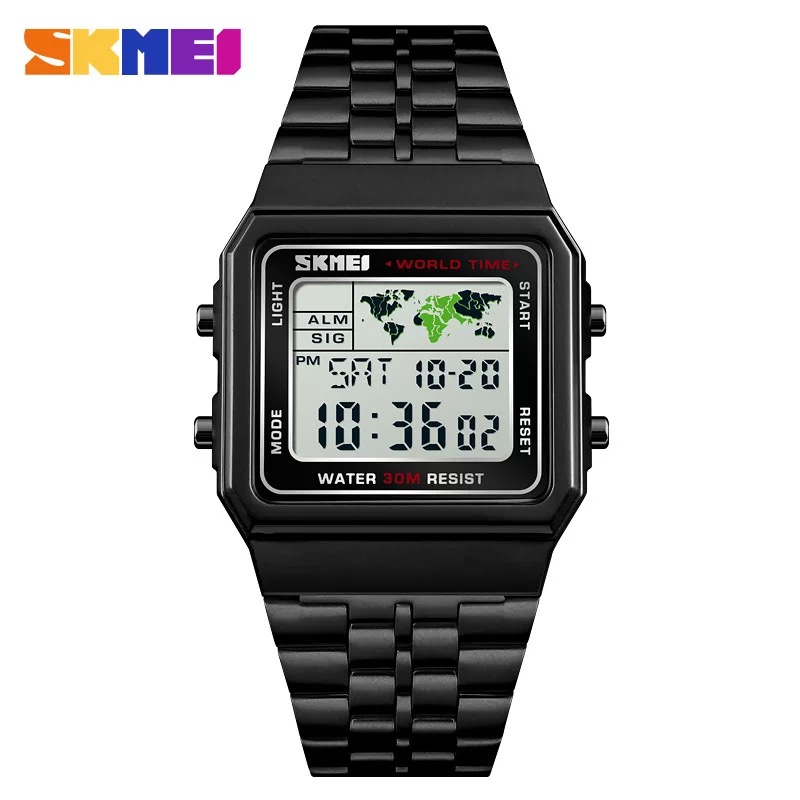 SKMEI新款商务时尚方形电子表 秒表倒计时世界时间多功能钢带手表详情图2