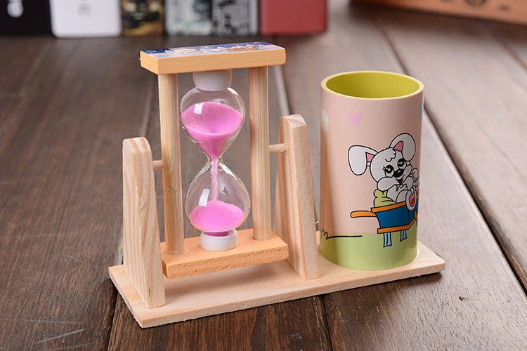 Colorful rotating hourglass pen holders with cartoon patterns of flowing sand and wooden hourglass ornaments are selling well as student festival birthday gifts Specification drawing