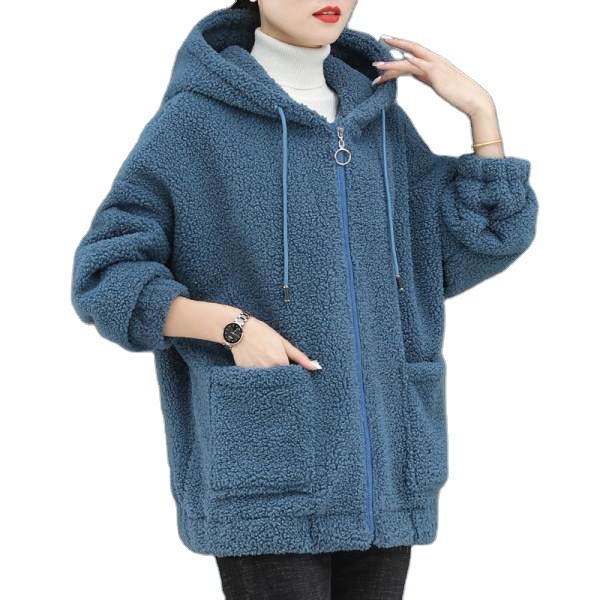 New autumn and winter loose Korean-style zipper Teddy fleece hooded cardigan with thickened fleece for women Item Picture