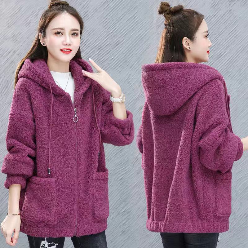 New autumn and winter loose Korean-style zipper Teddy fleece hooded cardigan with thickened fleece for women