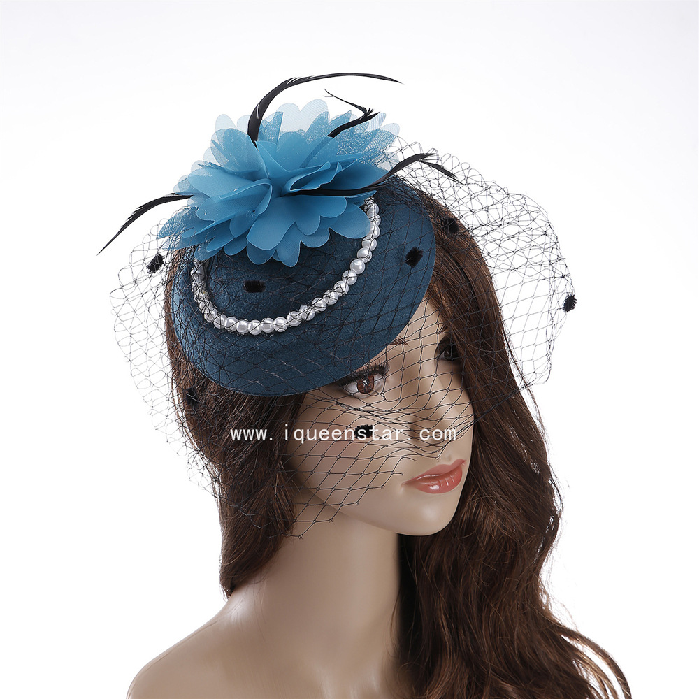 Europe and the United States popular net yarn pearl beaded bride top hat female creative feather hat banquet small hat wholesale thumbnail