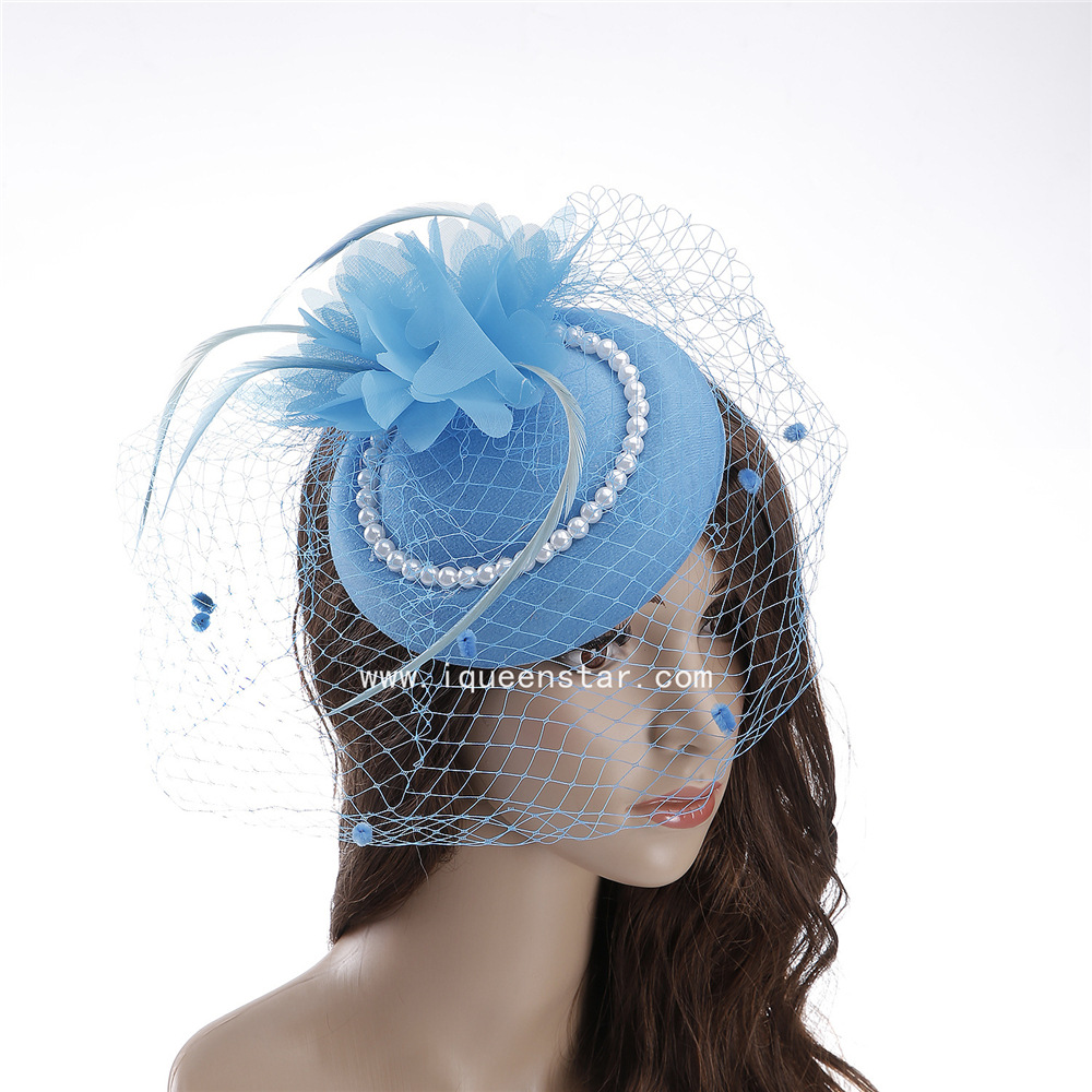 Wholesale of popular netted pearl beaded bridal hats, creative feather hats for women, and small banquet hats in Europe and America Specification image