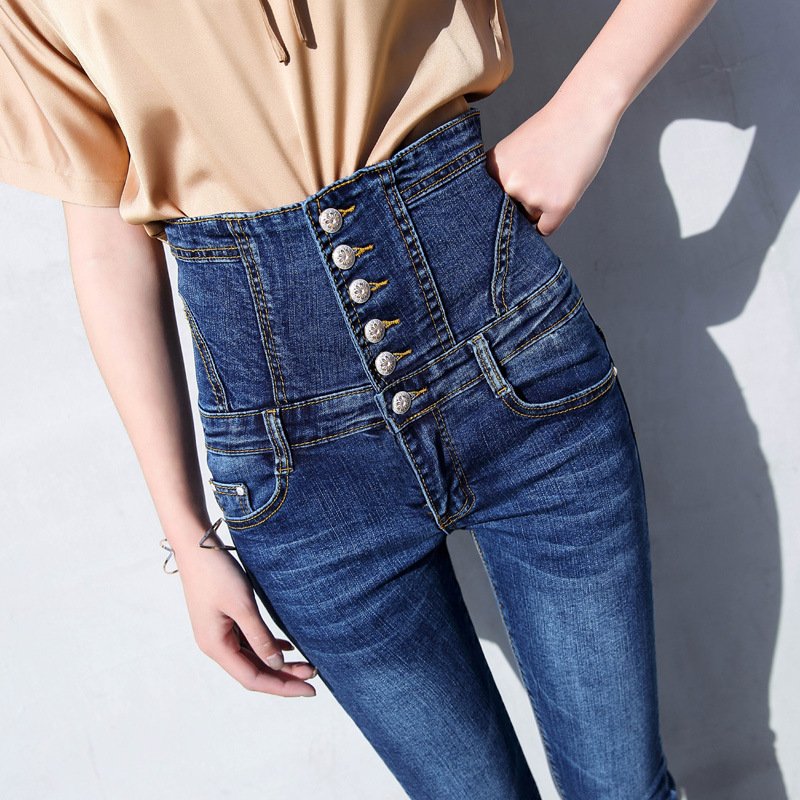 New autumn and winter high-waisted button-up women's stretch denim trousers. Tight stretch slimming mom denim trousers for women