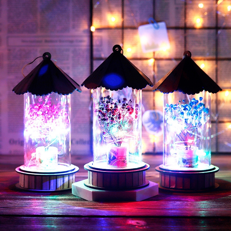 Dried flower star lamps, home decorations, creative gifts for young girls, round wooden chandeliers, and decorative items are selling well at street stalls Specification drawing