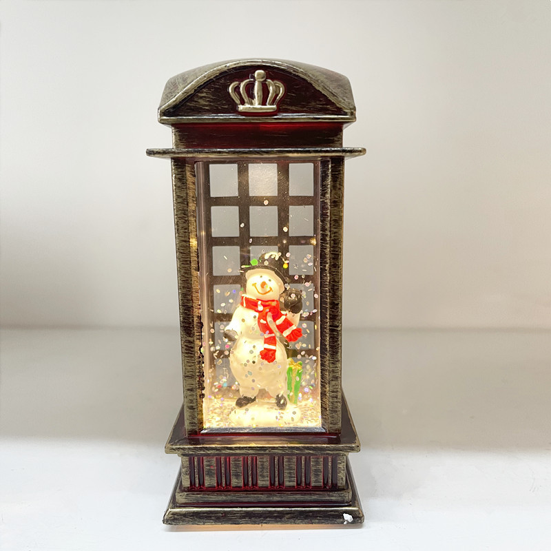 新款注水电话亭风灯烛台LED家居桌面橱窗雪花水晶风灯小夜灯批发