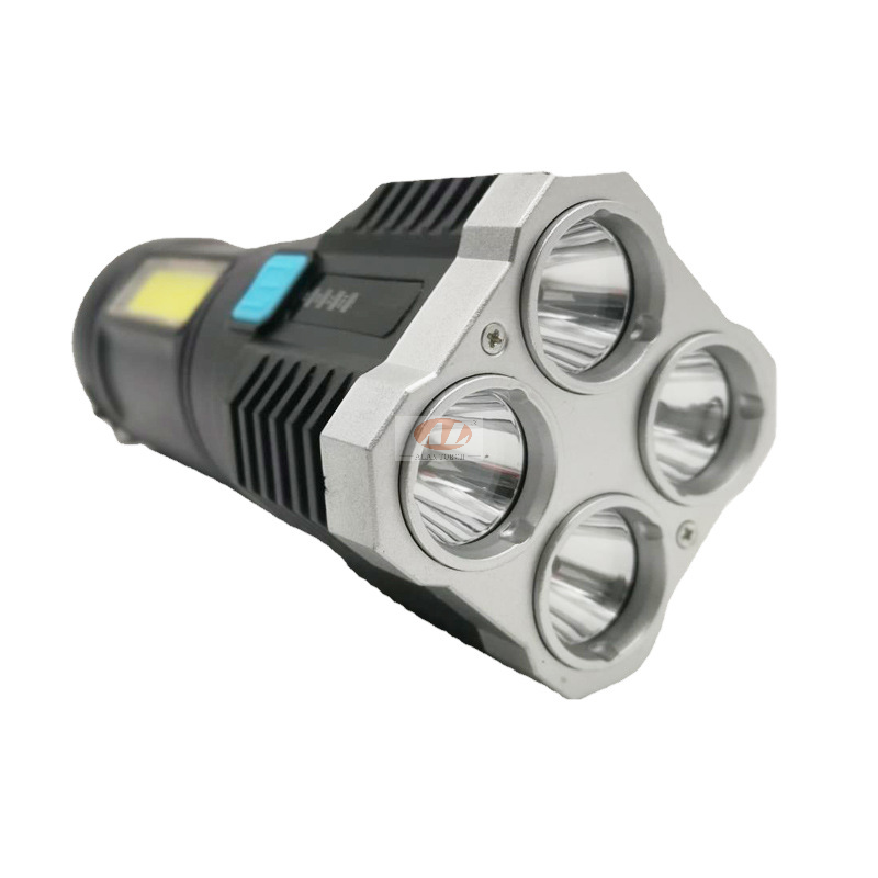 跨境2021新款四头强光手电USB充电便携式手电筒带COB侧灯聚光远射详情图2
