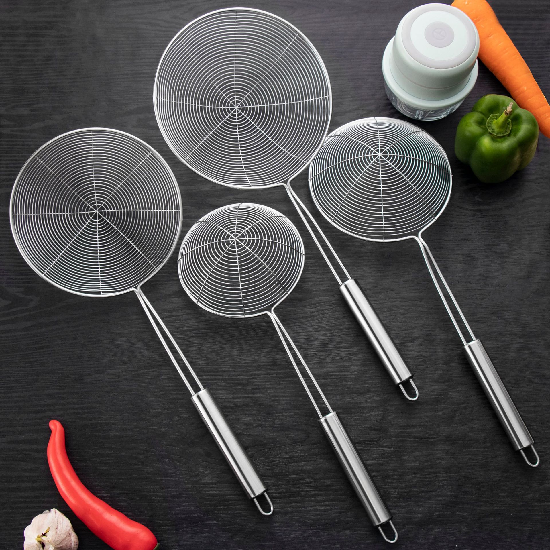 Flat-bottomed stainless steel strainer, large-capacity wire oil leakage, net leakage, noodle scooping spoon, hot pot spoon, strainer, mesh screen, logo marking Item Picture