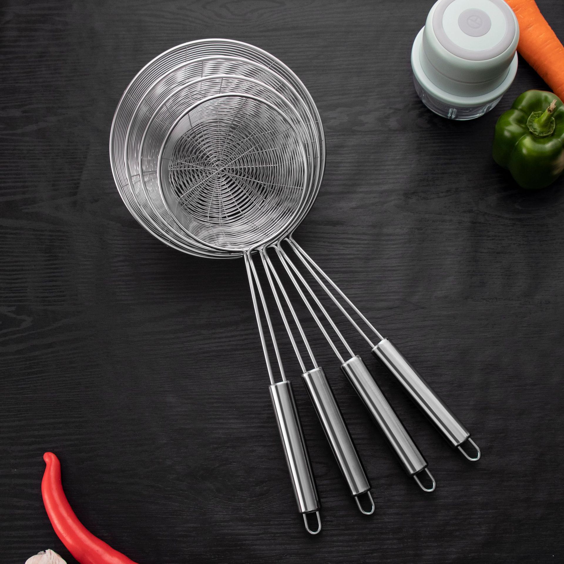 Flat-bottomed stainless steel strainer, large-capacity wire oil leakage, net leakage, noodle scooping spoon, hot pot spoon, strainer, mesh screen, logo marking Specification image