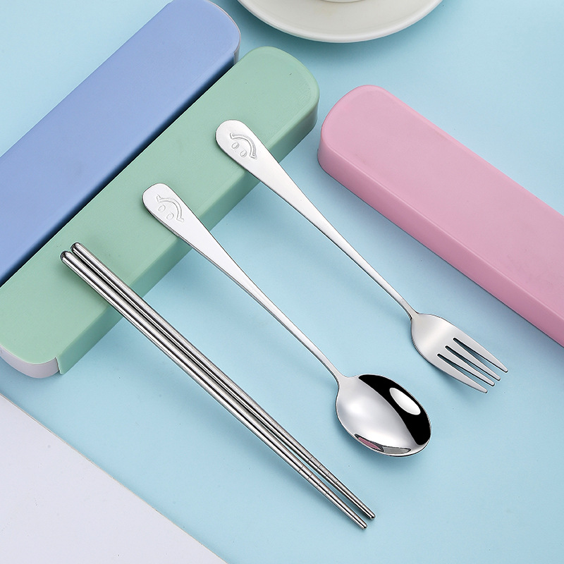 Advertising gift stainless steel tableware smiling face set, three-piece set of spoons, forks and chopsticks, customized tableware set for travel and outdoor activities details Picture