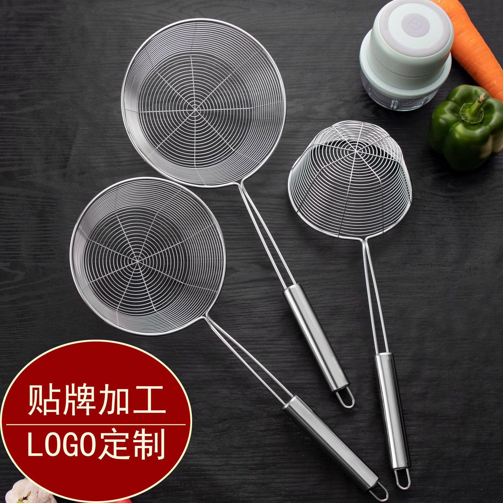 Flat-bottomed stainless steel strainer, large-capacity wire oil leakage, net leakage, noodle scooping spoon, hot pot spoon, strainer, mesh screen, logo marking details Picture