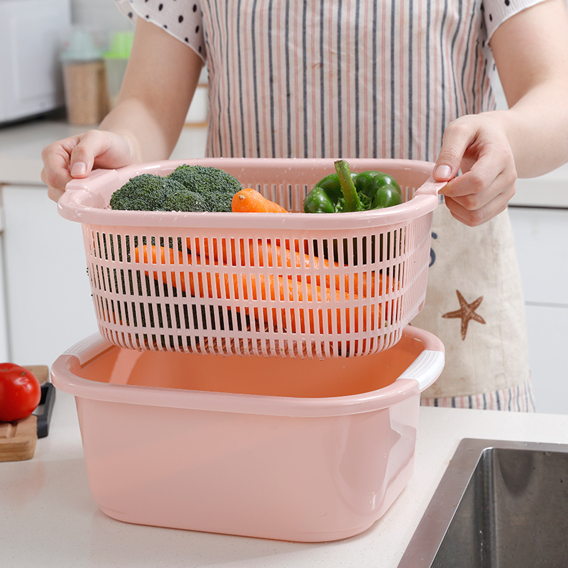 Double Plastic Washing Basin Drain Basket Kitchen Washing Basket Fruit Basket Fruit Tray Household Fruit Basin Can Be Stacked details Picture