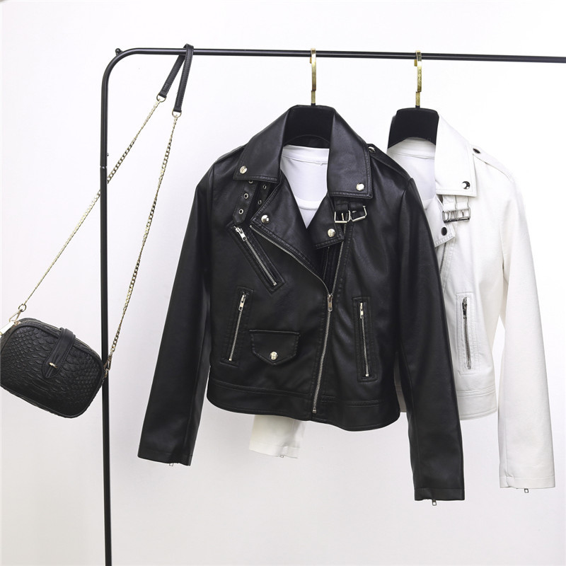European Station Spring collection: New leather jacket for women, short lapel and button PU motorcycle jacket, small leather jacket, short coat details Picture