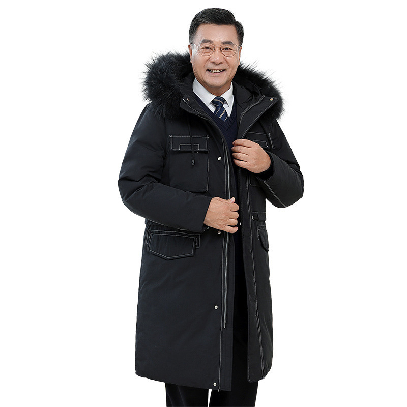 Middle-aged and elderly overcoats, men's long hooded down jackets, khaki fur collar knee-length coats, winter warm dad outfits Item Picture
