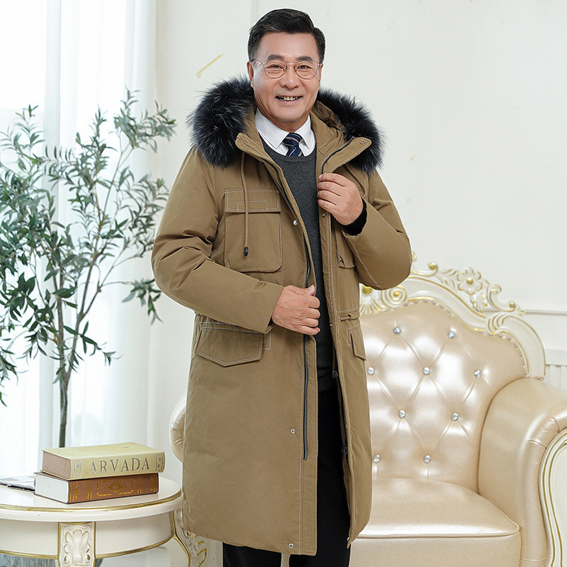 Middle-aged and elderly overcoats, men's long hooded down jackets, khaki fur collar knee-length coats, winter warm dad outfits