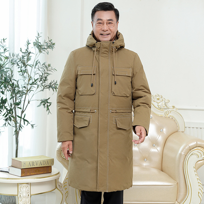 Middle-aged and elderly overcoats, men's long hooded down jackets, khaki fur collar knee-length coats, winter warm dad outfits Specification image