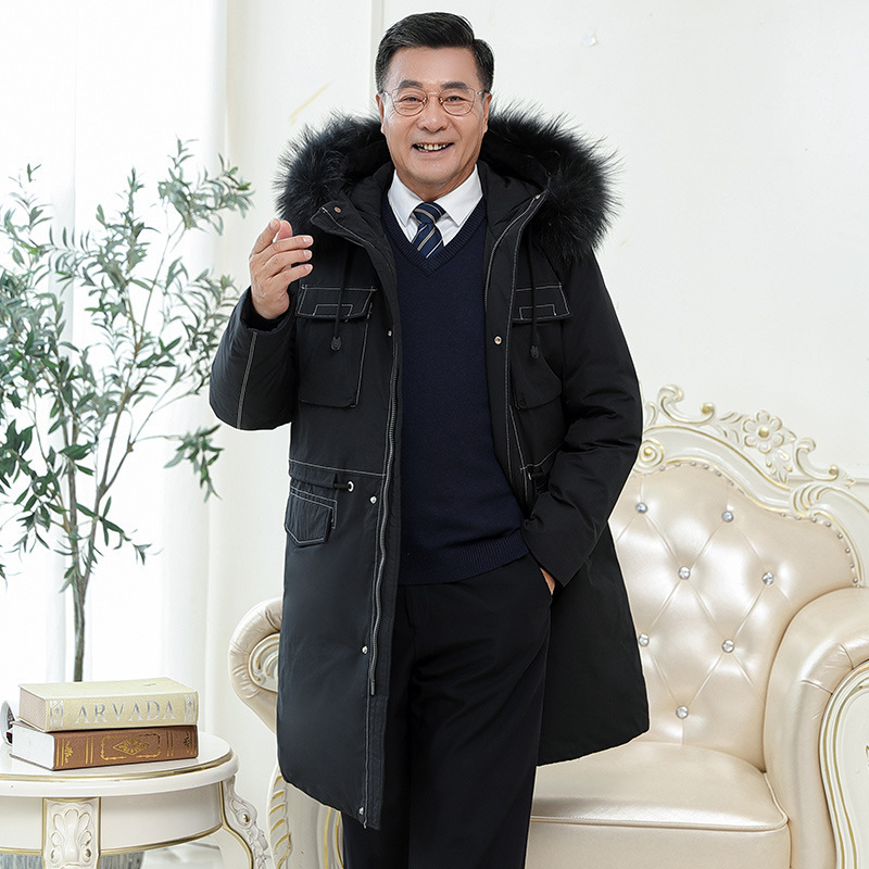 Middle-aged and elderly overcoats, men's long hooded down jackets, khaki fur collar knee-length coats, winter warm dad outfits Application Scenario