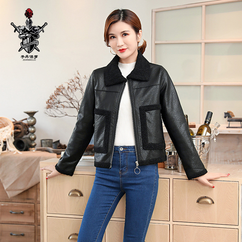 新秋冬款女式pu皮衣仿羊羔毛小翻领时尚潮流短款休闲韩版修身外套