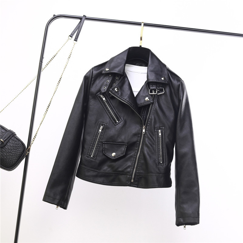 European Station Spring collection: New leather jacket for women, short lapel and button PU motorcycle jacket, small leather jacket, short coat Specification image