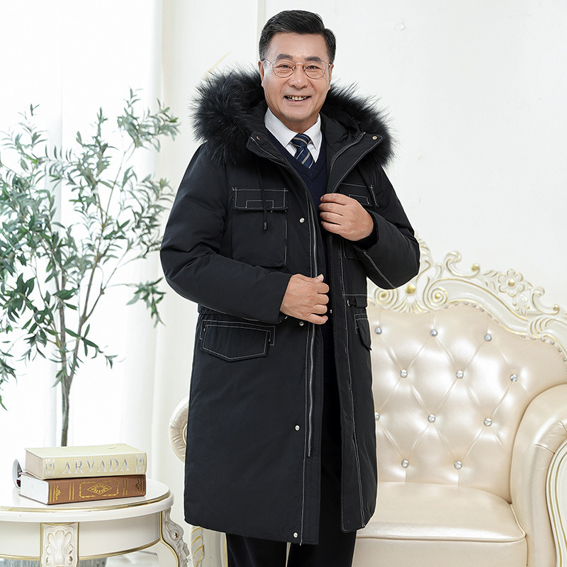 Middle-aged and elderly overcoats, men's long hooded down jackets, khaki fur collar knee-length coats, winter warm dad outfits details Picture