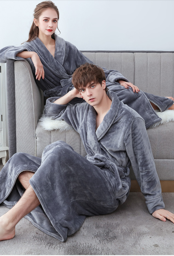Men's Fall Winter Thick coral velvet couple pajamas Men's flannel bathrobe Women's long homewear with pajama pants thumbnail