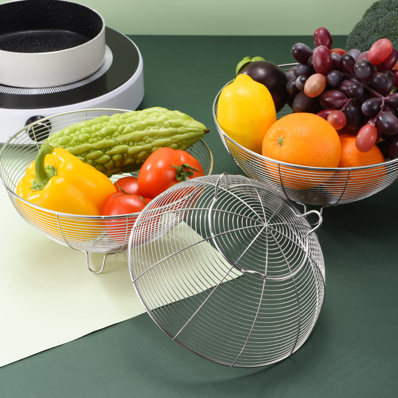 Wholesale stainless steel fruit baskets, household draining baskets, vegetable baskets, round three-legged storage baskets, and kitchen small tools Specification image