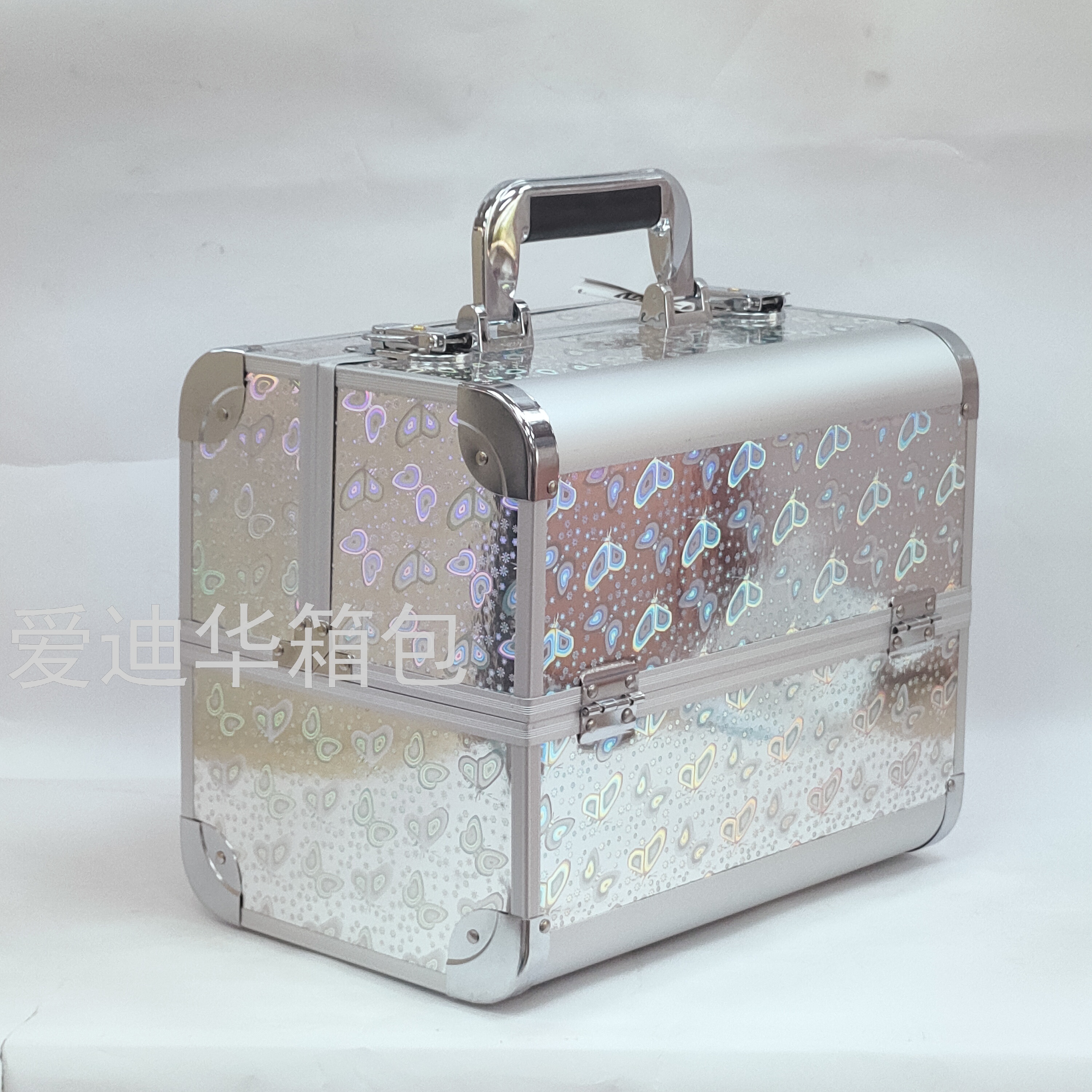 Aidihua 2021 New Butterfly Double Opening Box for Beauty, ear-picking and Makeup, large-capacity silver Aluminum makeup Aluminum case