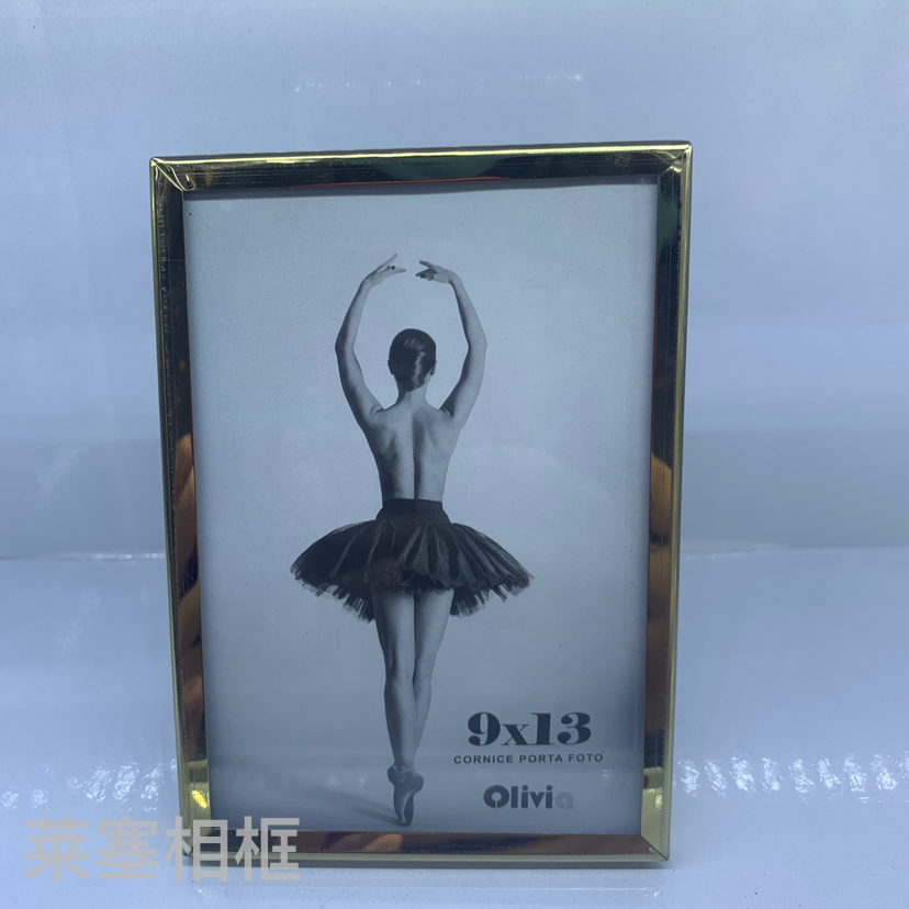 Small flat, fine-edged golden stainless steel glass with velvet backplate photo display, home decoration gift, metal photo frame