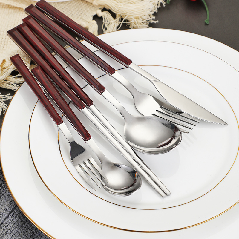 430 wood-grain imitation handle stainless steel knife, fork and spoon Western tableware set, Japanese and Korean tableware four-piece set, steak knife and chopsticks Stainless steel Western tableware set, easy to clean, stainless steel not prone to mold, mirror polished Specification image