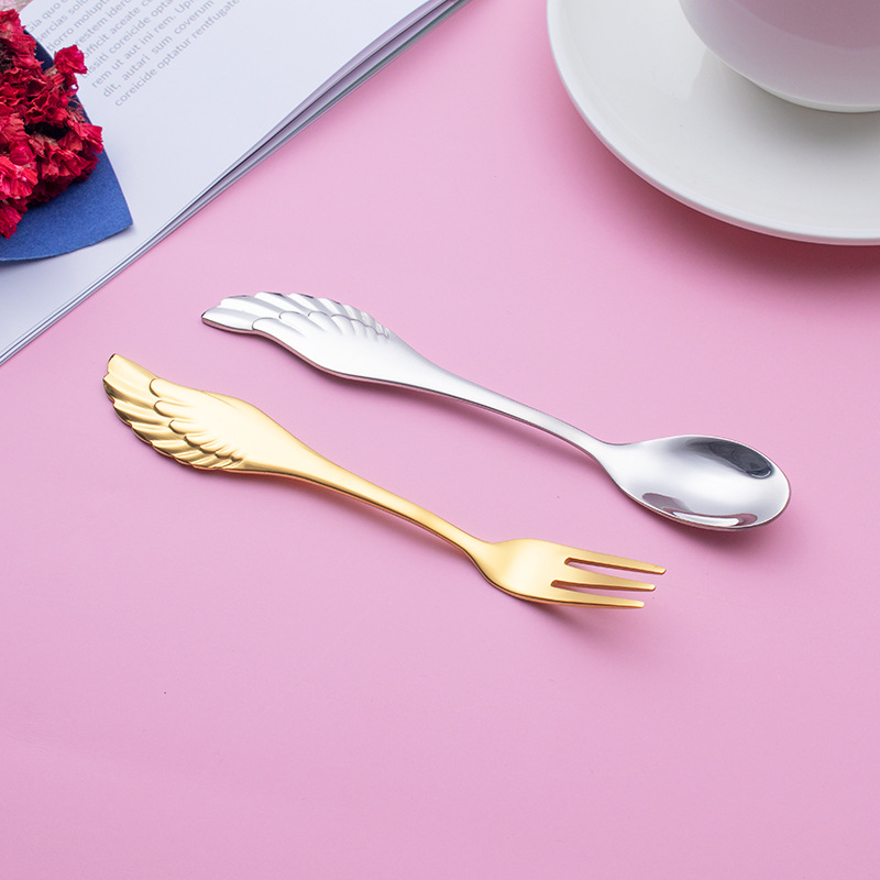 304 stainless steel wing spoon and fork, creative coffee dessert spoon, fruit fork, fruit spoon, pink gift box set, spoon, coffee stirring spoon set, ice cream spoon set, tableware set Item Picture