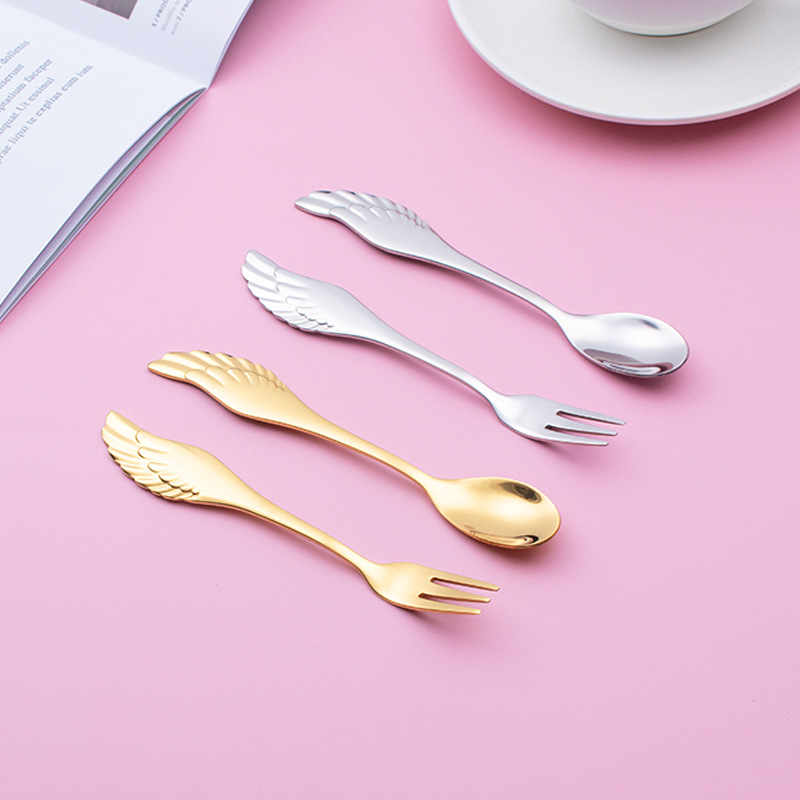 304 stainless steel wing spoon and fork, creative coffee dessert spoon, fruit fork, fruit spoon, pink gift box set, spoon, coffee stirring spoon set, ice cream spoon set, tableware set Specification image