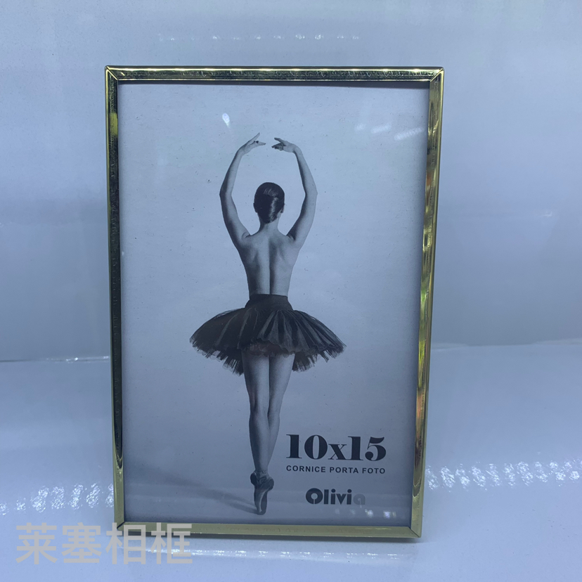 Small flat, fine-edged golden stainless steel glass with velvet backplate photo display, home decoration gift, metal photo frame details Picture