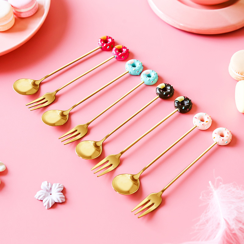 Internet-famous doughnut stainless steel dessert spoon, cartoon macaron fruit fork, ice cream spoon, coffee mixing spoon, stainless steel spoon, spoon, doughnut decoration spoon, children's spoon, ice cream spoon, tableware Specification image