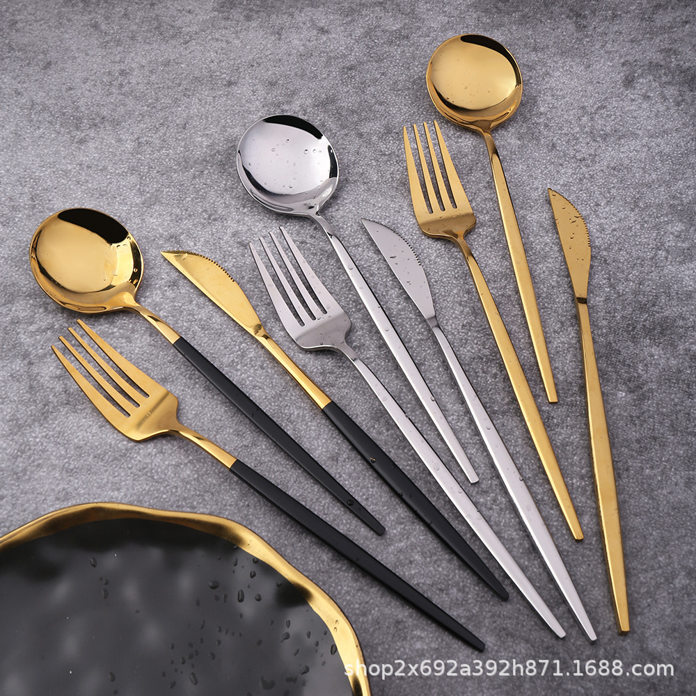 Stainless steel knives, forks, spoons and chopsticks, Portuguese black and gold Western steak set, bright knife and fork four-piece set, mirror spoon, stainless steel tableware set, easy to clean, stainless steel material, not easy to mold, mirror polished Specification image
