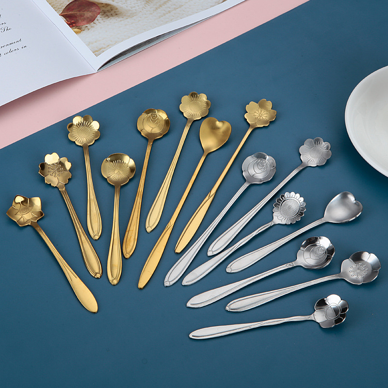 Creative stainless steel cherry blossom spoon, long-handled petal stirring spoon, Ins-style golden rose spoon, wedding hand-mixed gift wholesale details Picture