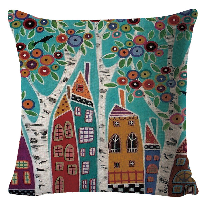 手绘油画复古农村彩绘抱枕抱枕套 定制新款亚马逊家居跨境靠垫套详情图2