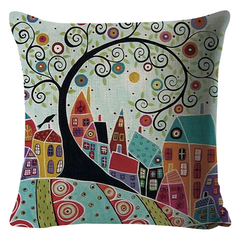 手绘油画复古农村彩绘抱枕抱枕套 定制新款亚马逊家居跨境靠垫套详情图5