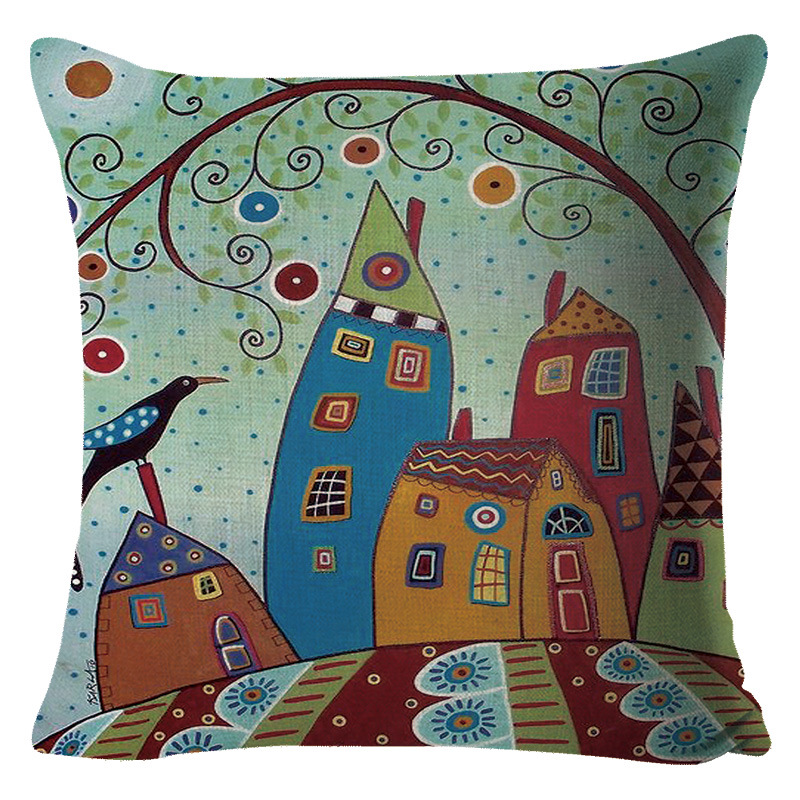 手绘油画复古农村彩绘抱枕抱枕套 定制新款亚马逊家居跨境靠垫套详情图4