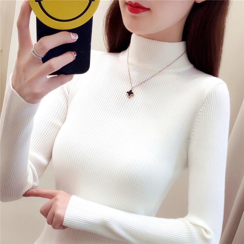 New solid-color innerwear for autumn and winter Korean style, semi-high neck pullover women's sweater, long-sleeved tight knitted base layer details Picture