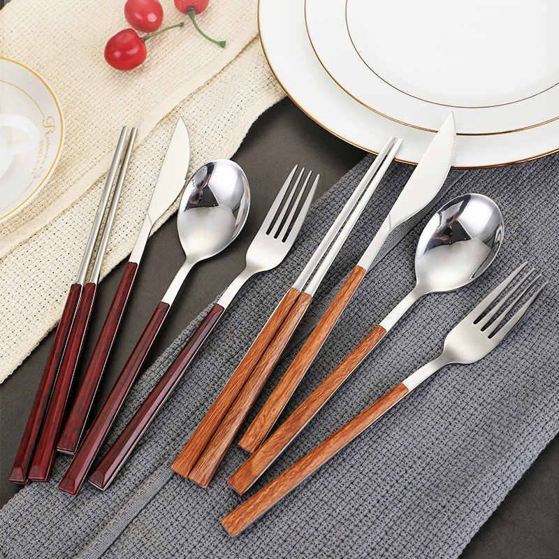 430 wood-grain imitation handle stainless steel knife, fork and spoon Western tableware set, Japanese and Korean tableware four-piece set, steak knife and chopsticks Stainless steel Western tableware set, easy to clean, stainless steel not prone to mold, mirror polished details Picture
