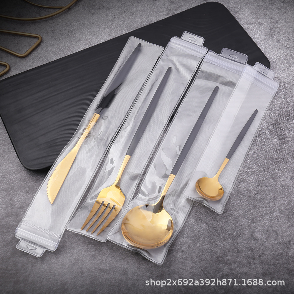 Stainless steel knives, forks, spoons and chopsticks, Portuguese black and gold Western steak set, bright knife and fork four-piece set, mirror spoon, stainless steel tableware set, easy to clean, stainless steel material, not easy to mold, mirror polished Item Picture