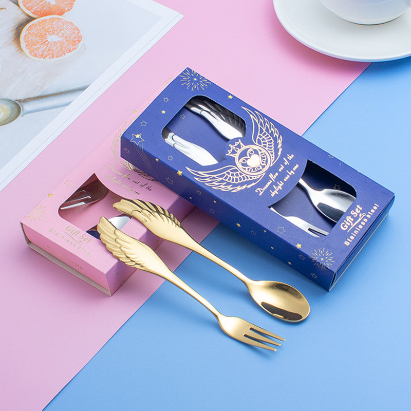 304 stainless steel wing spoon and fork, creative coffee dessert spoon, fruit fork, fruit spoon, pink gift box set, spoon, coffee stirring spoon set, ice cream spoon set, tableware set details Picture