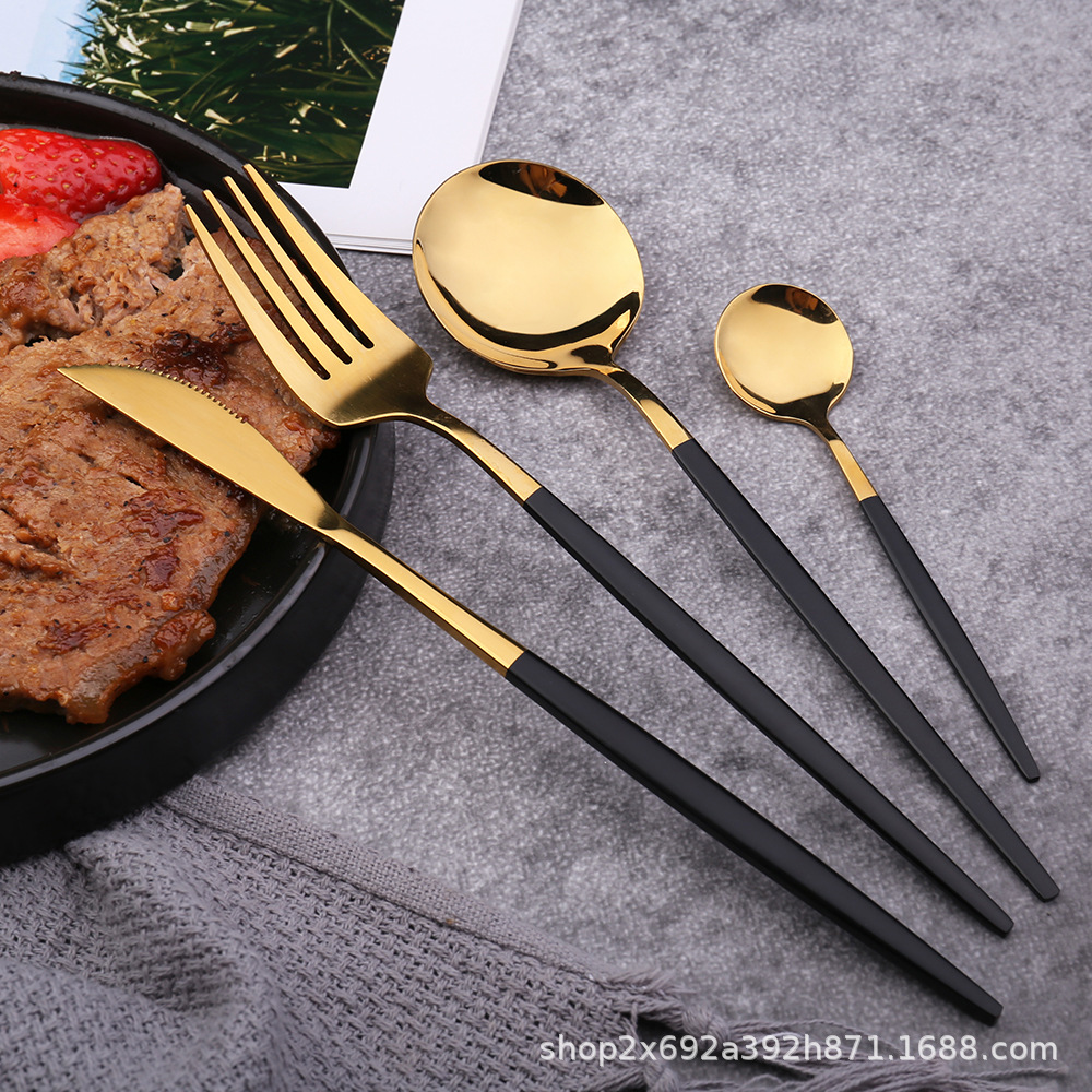 Stainless steel knives, forks, spoons and chopsticks, Portuguese black and gold Western steak set, bright knife and fork four-piece set, mirror spoon, stainless steel tableware set, easy to clean, stainless steel material, not easy to mold, mirror polished details Picture