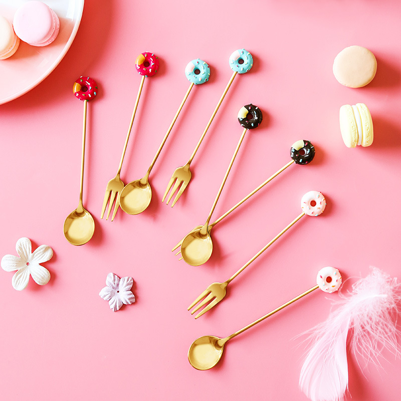 Internet-famous doughnut stainless steel dessert spoon, cartoon macaron fruit fork, ice cream spoon, coffee mixing spoon, stainless steel spoon, spoon, doughnut decoration spoon, children's spoon, ice cream spoon, tableware details Picture