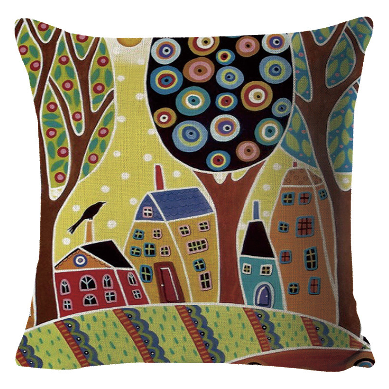 手绘油画复古农村彩绘抱枕抱枕套 定制新款亚马逊家居跨境靠垫套详情图3