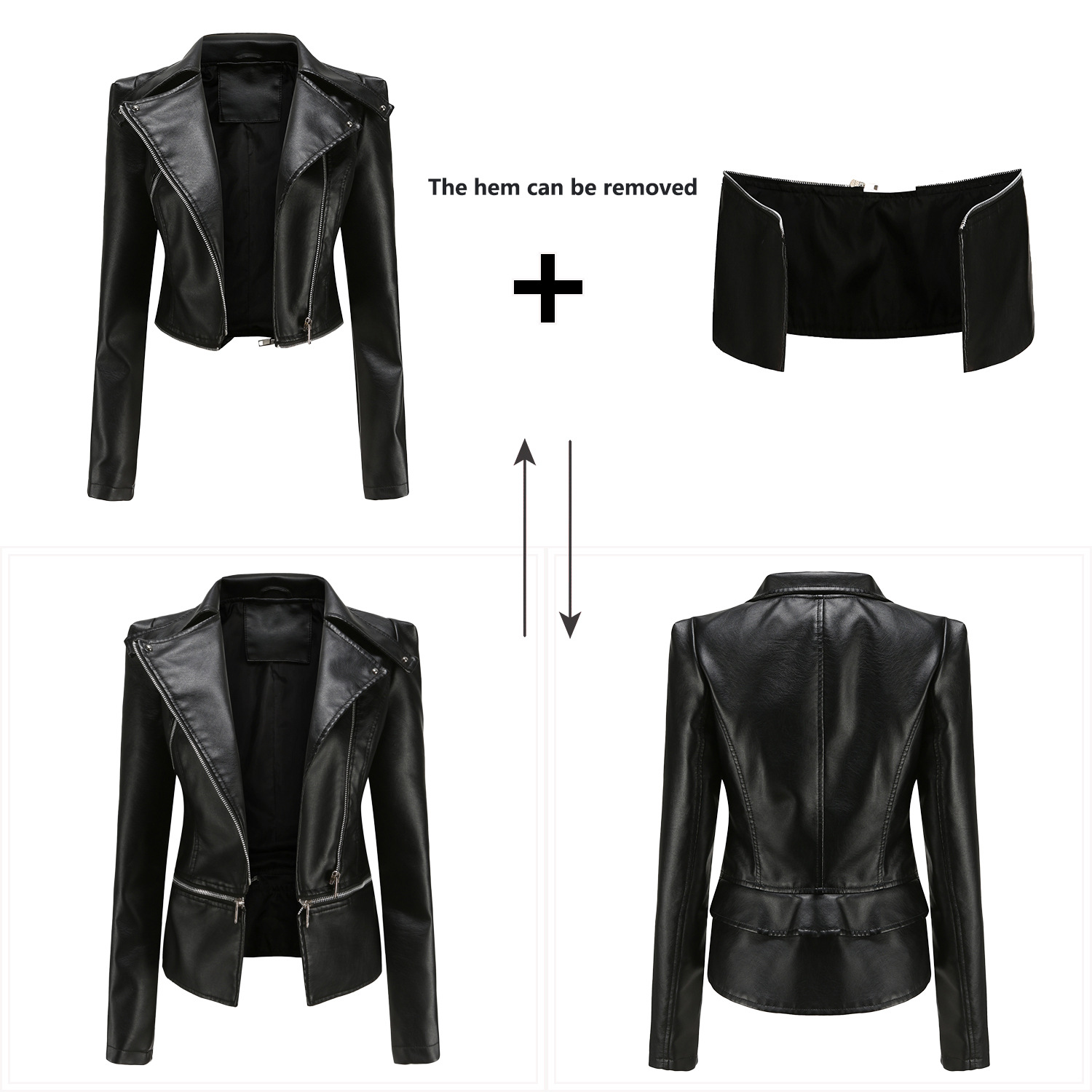 Cross-border women's clothing European-sized new leather jacket for women with detachable hem, spring and autumn coat, women's fashion casual jacket 2021 details Picture