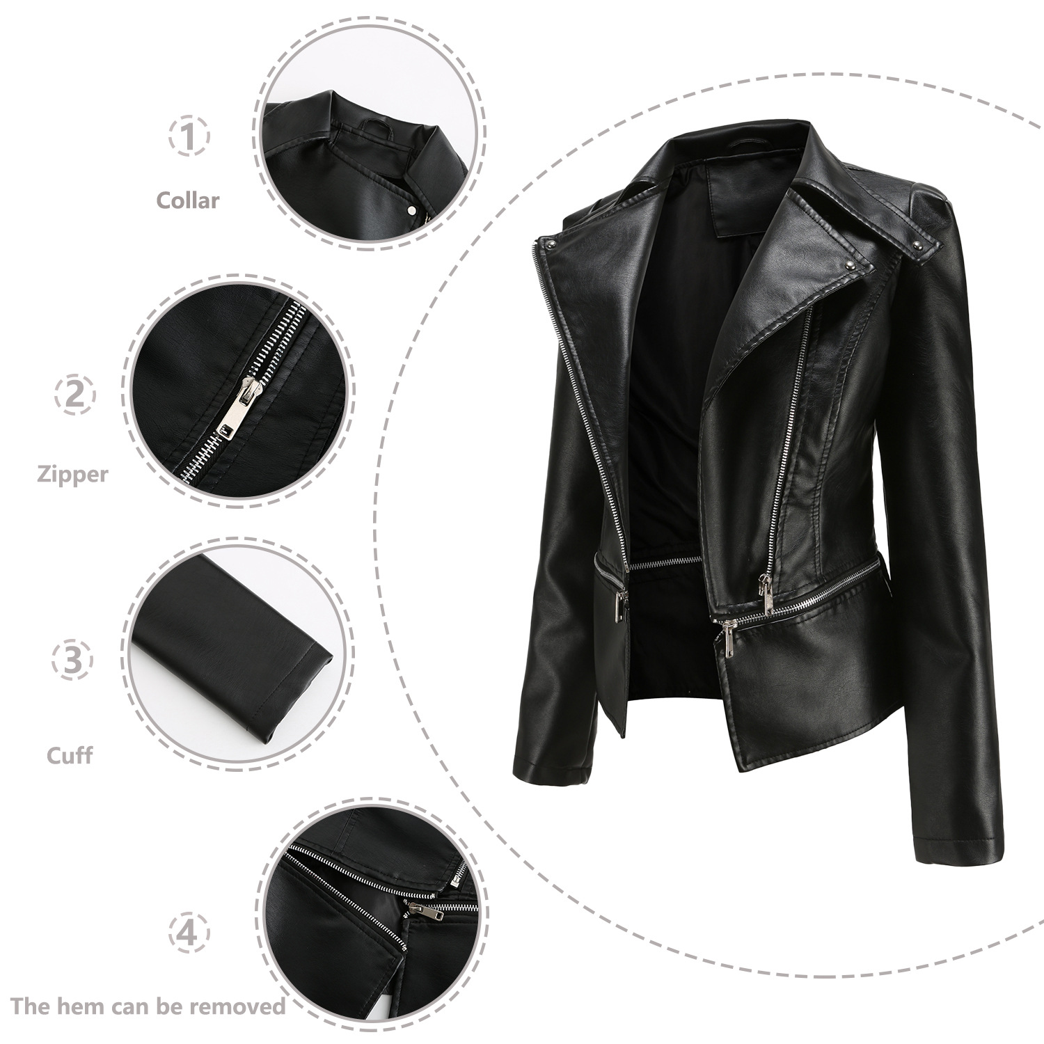 Cross-border women's clothing European-sized new leather jacket for women with detachable hem, spring and autumn coat, women's fashion casual jacket 2021 Specification image