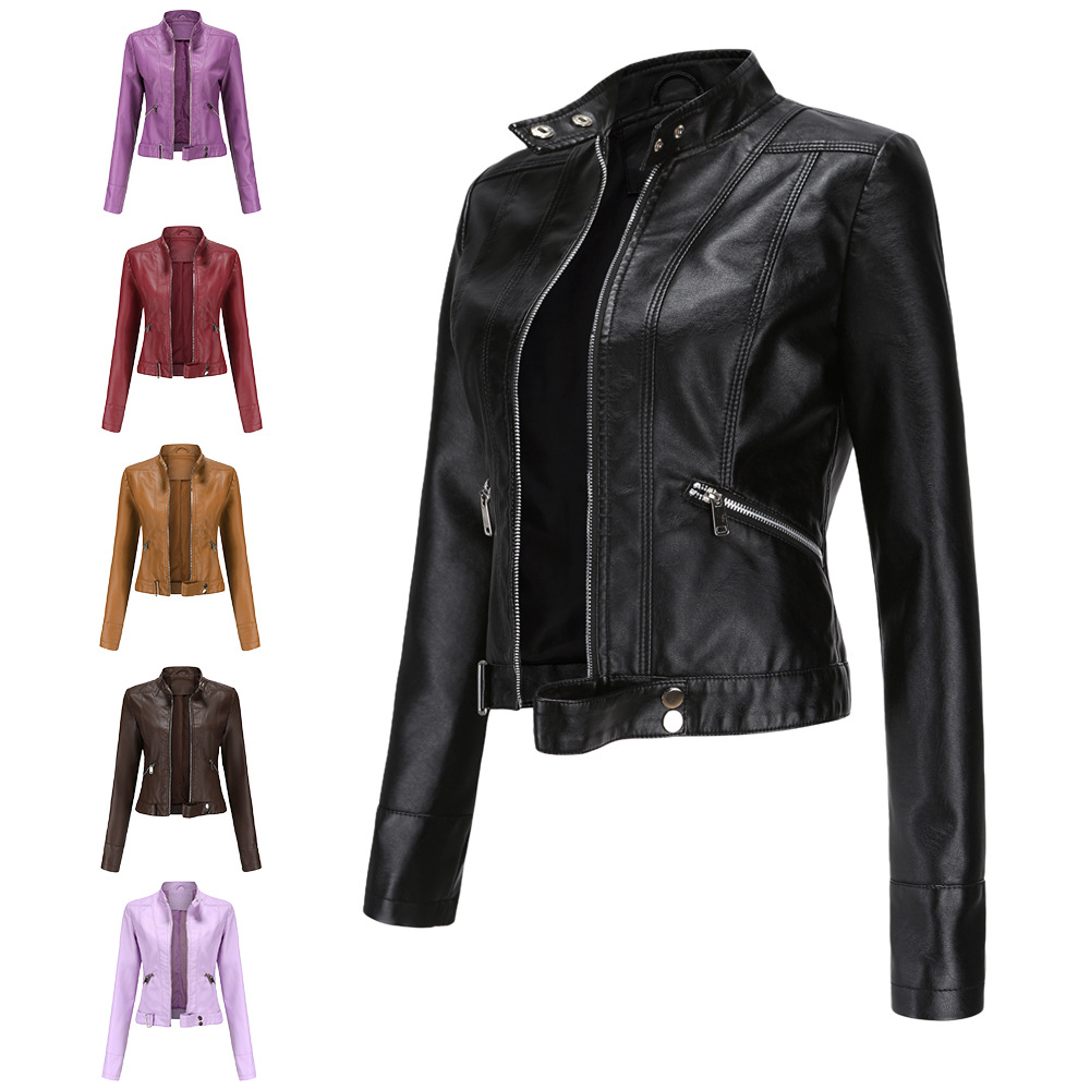 2021 New style leather jacket women's short coat, spring and autumn stand-up collar women's leather jacket, cross-border women's thin leather jacket