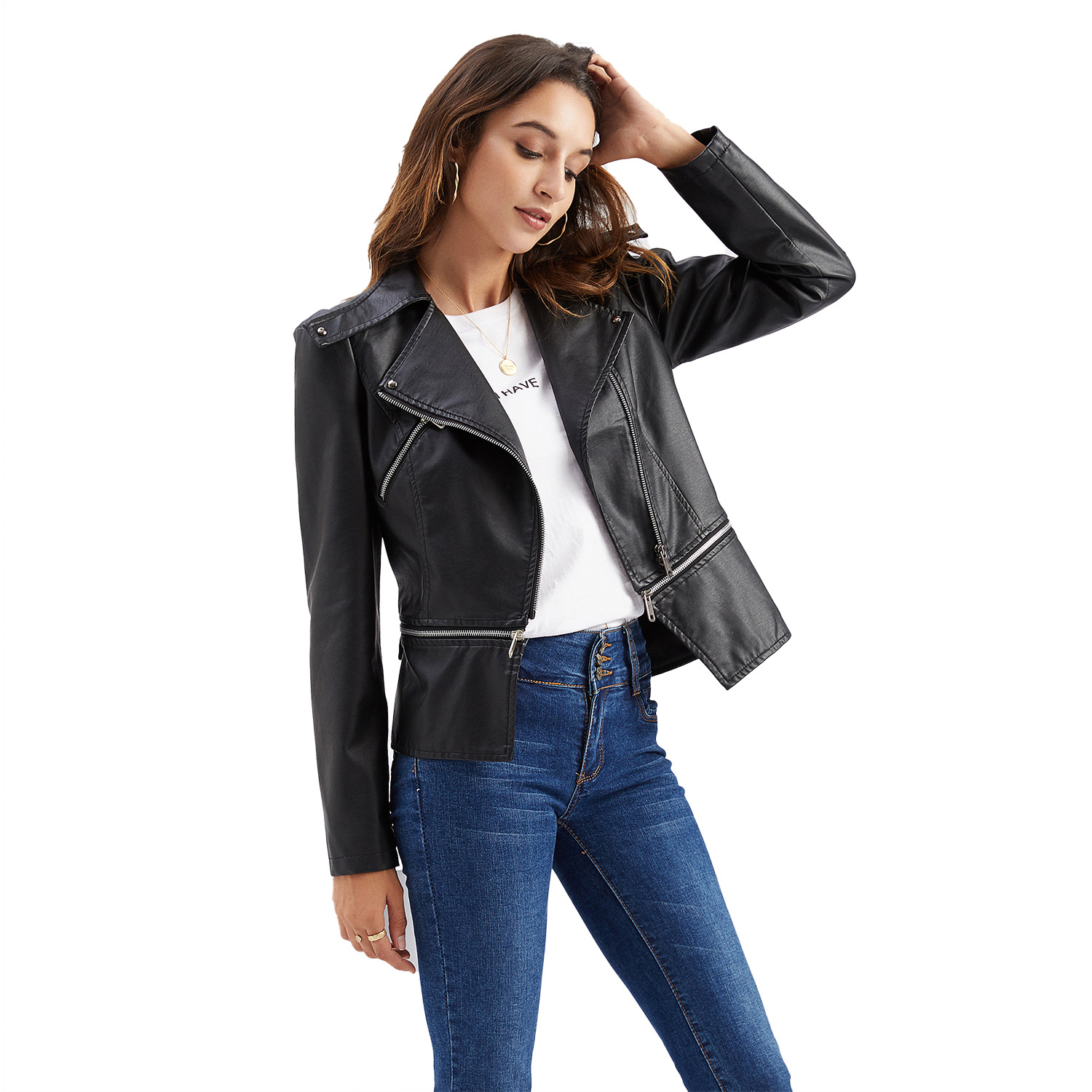 Cross-border women's clothing European-sized new leather jacket for women with detachable hem, spring and autumn coat, women's fashion casual jacket 2021 Item Picture